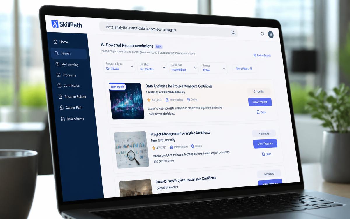 Laptop screen showing an AI powered search recommending professional training programs