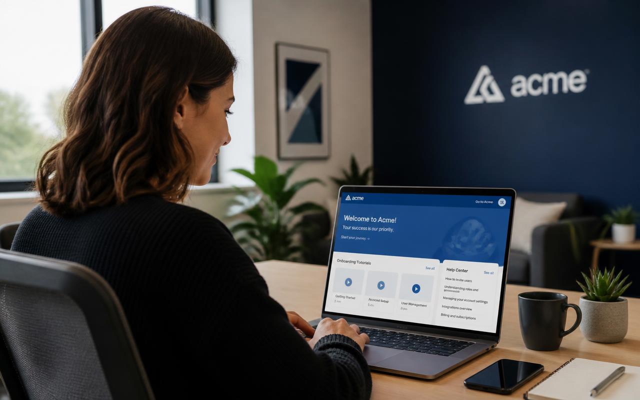 A customer success professional using a branded training and help center portal on a laptop