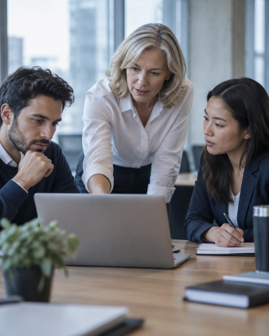 A subject matter expert explaining a process on a laptop to two colleagues in a modern office