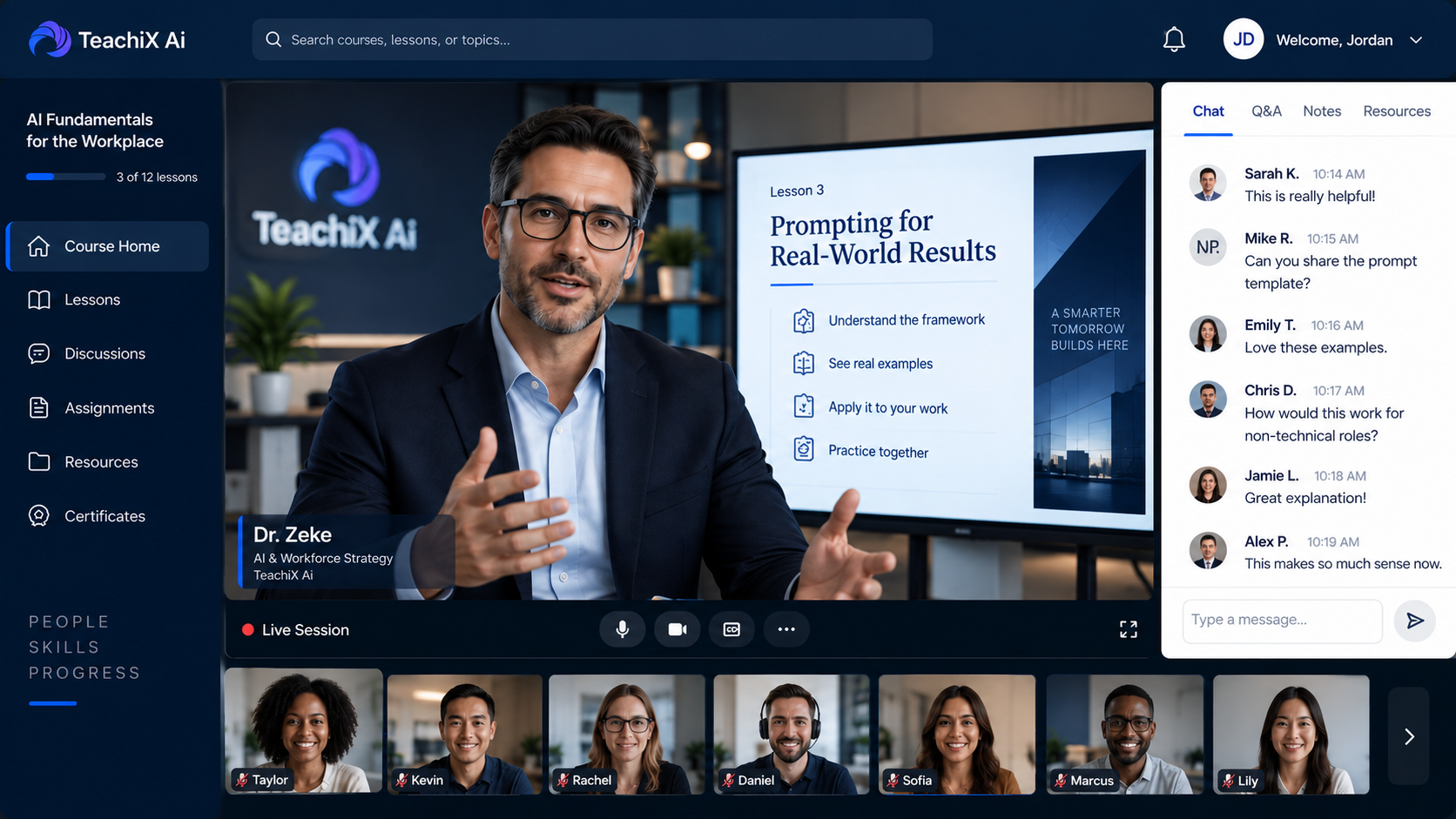 Instructor delivering a live Teachix session with lesson slides, learner video tiles, and a live chat and Q and A panel