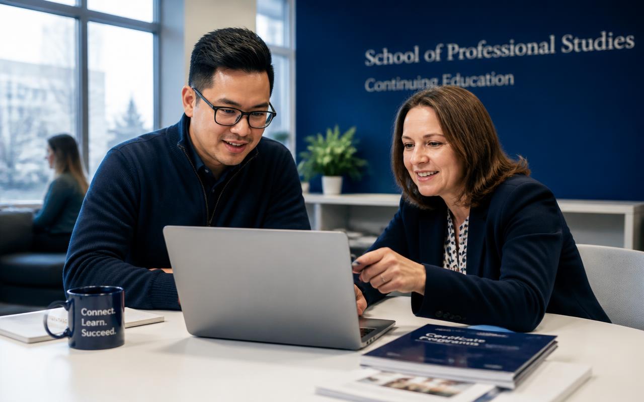 A program director and an adult learner reviewing a certificate program on a laptop at a university