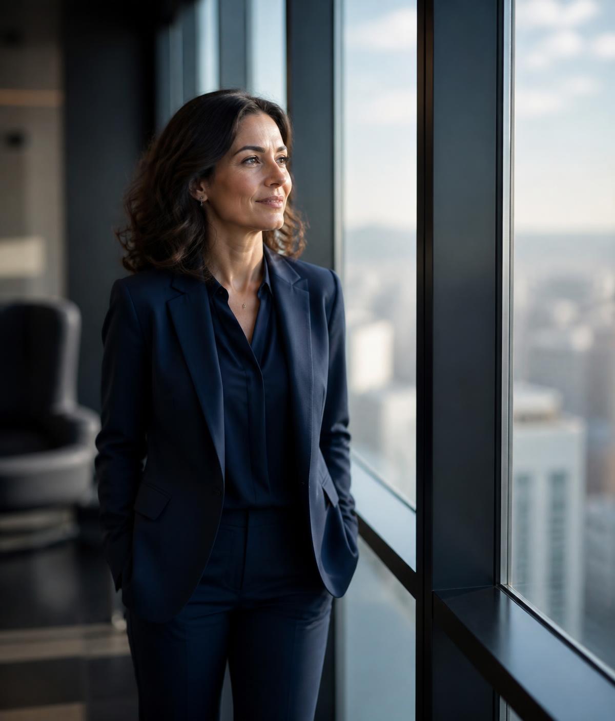 A professional looking out over a city, considering what comes next