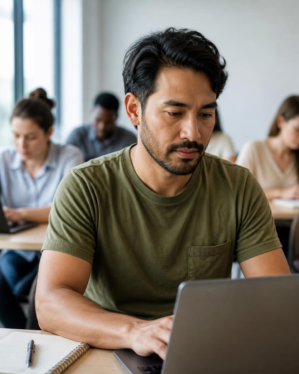 A veteran learning practical AI skills on a laptop in a professional training room