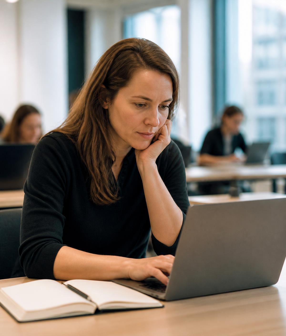 A learner working through an online course at a laptop in a shared study room