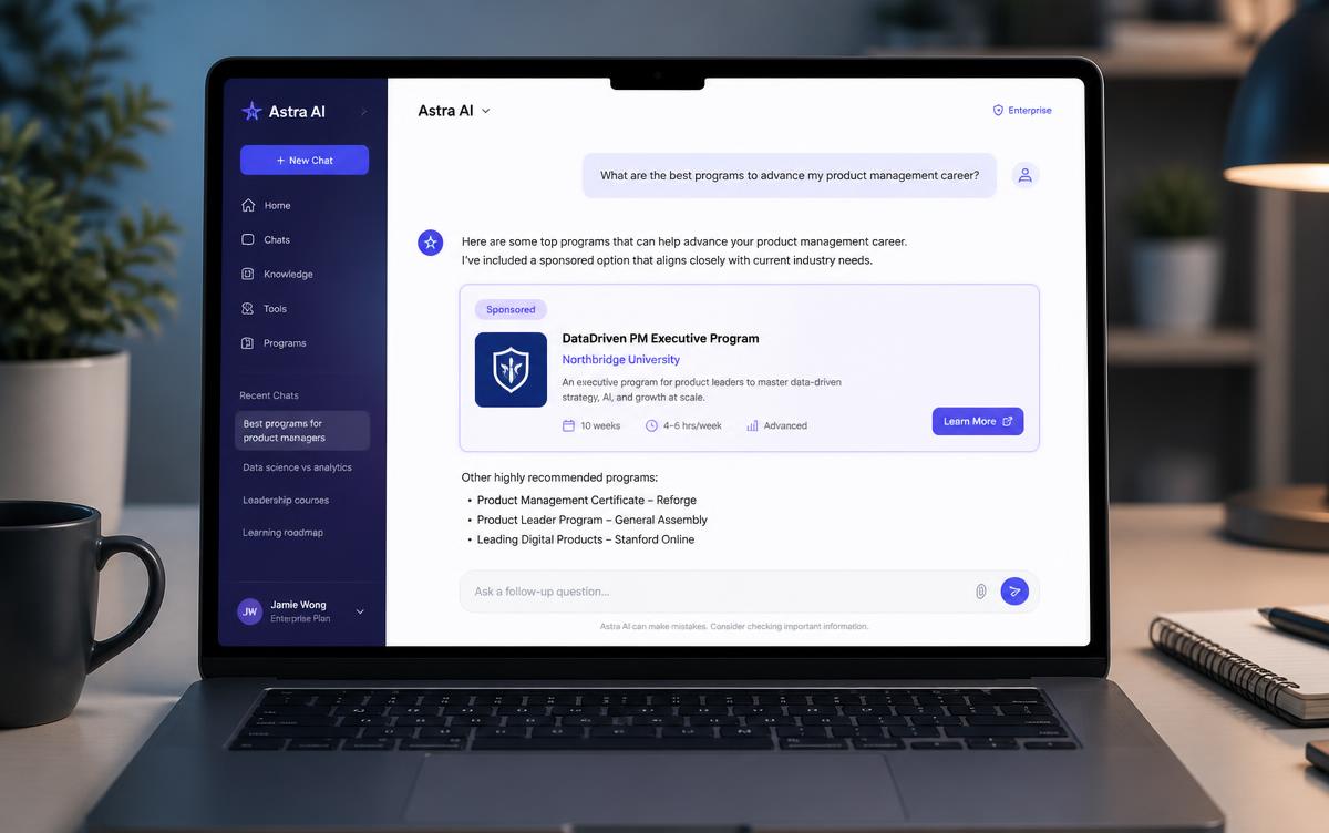 Laptop showing a sponsored training program card inside an AI chat answer